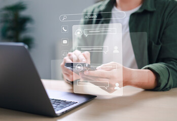 Users are chatting with a chatbot. Users are online with a chatbot to get support. AI automated answering machine. Artificial intelligence. Customer support center.