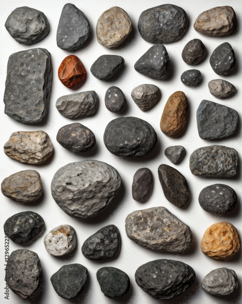 Poster an assortment of various rocks and stones of different shapes and sizes on a light background, with each rock having its own unique characteristics and textures