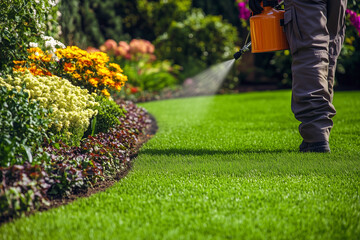 Worker spraying pesticide on a green lawn outdoors for pest control