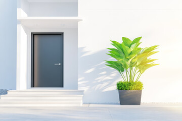 Fototapeta premium Modern entrance with a sleek door and vibrant potted plant in bright sunlight
