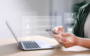 Users are chatting with a chatbot. Users are online with a chatbot to get support. AI automated answering machine. Artificial intelligence. Customer support center.