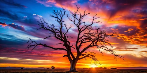 Naklejka premium Haunting Silhouette of a Dead Tree Against Sunset, Barren Branches, Nature Photography