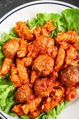 Pasta meatballs tomato sauce fresh tasty food dish delicious gourmet food background on the table rustic food top view copy space
