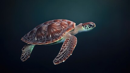 Fototapeta premium A lone sea turtle floating in the dark depths of the ocean, soft ambient light highlighting its textured shell.