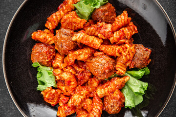 Pasta meatballs tomato sauce fresh tasty food dish delicious gourmet food background on the table rustic food top view copy space