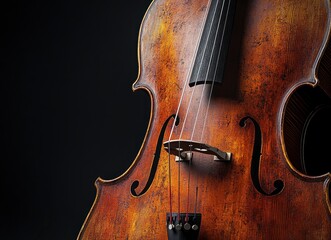 Close-up of an old cello, black background, musical instrument, close-up of the body and neck of the cello, high resolution, 