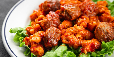 Pasta meatballs tomato sauce fresh tasty food dish delicious gourmet food background on the table rustic food top view copy space