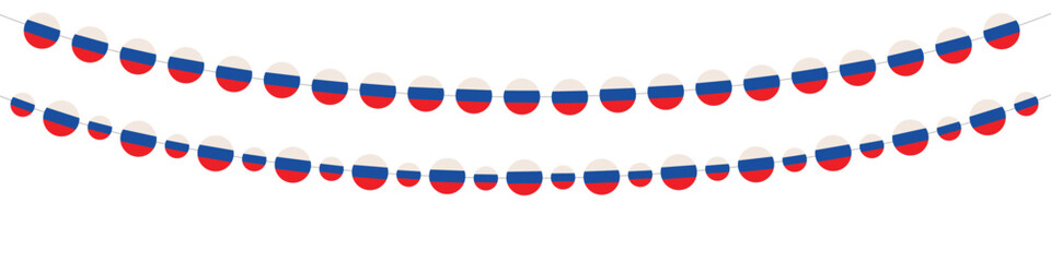 Holidays garland of Russian flag colour circles on white background. Design concept for national holidays, festival, carnival, ets.
