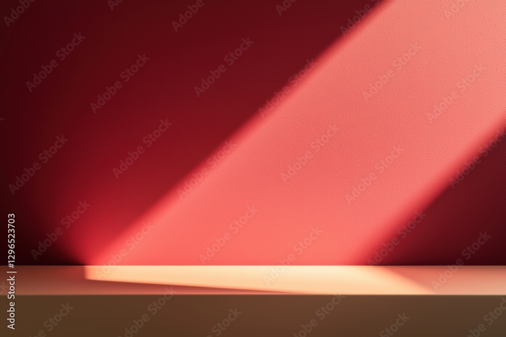 Poster empty tabletop in front of red wall with dramatic light and shadow