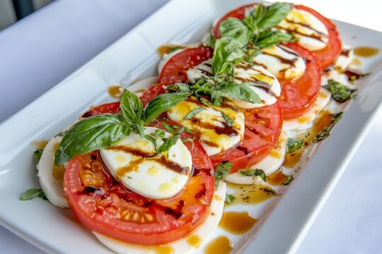 A delicious Caprese salad with slices of fresh tomatoes, mozzarella cheese, and basil leaves drizzled with balsamic glaze