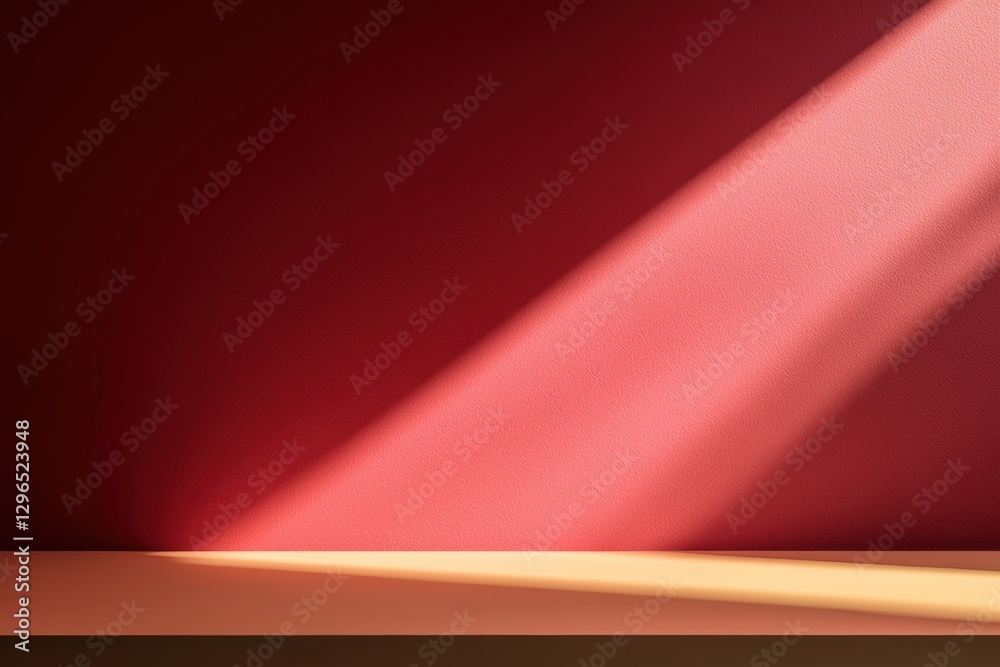 Poster Empty tabletop in front of red wall with light beam creating dramatic shadow