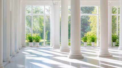Sunlit classical colonnade, garden view, interior design