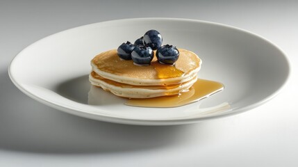 A single blueberry pancake with syrup drizzle, beautifully presented on a modern white plate with soft shadows.