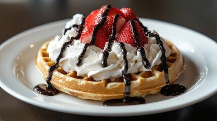 A single waffle with whipped cream, chocolate sauce, and strawberries, placed on a simple white plate with soft lighting.