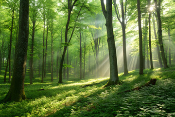Obraz premium Lush Green Forest with Sunlight Streaming Through the Canopy
