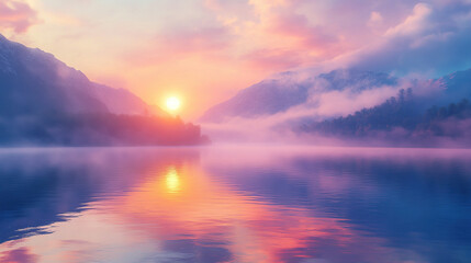 Fototapeta premium Serene Mountain Lake Sunset Reflection Landscape