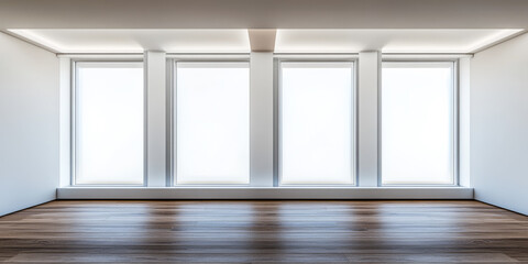 Bright and minimalistic interior space with large windows and wooden flooring