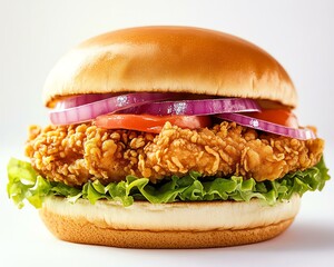 Professional studio photography of a fried chicken burger Delicious crispy chicken burger with fresh toppings.