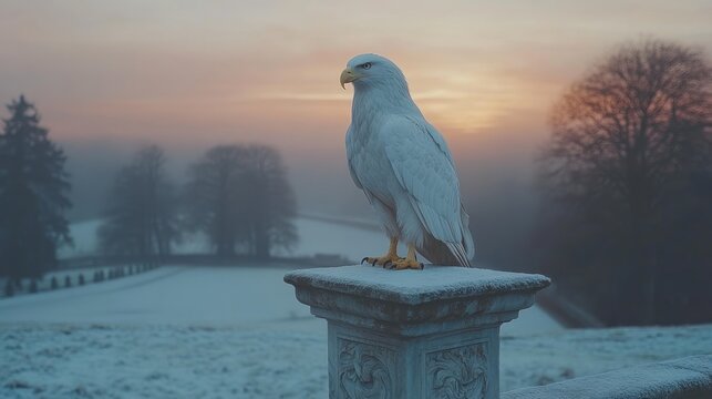White hawk perched on stone column at sunrise in snowy landscape.
