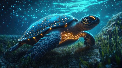 Fototapeta premium A surreal underwater scene featuring a sea turtle with bioluminescent light reflections on its shell.