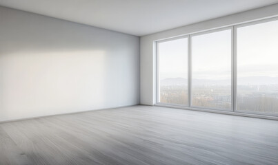 Spacious modern interior with large windows showcasing a panoramic view of the city