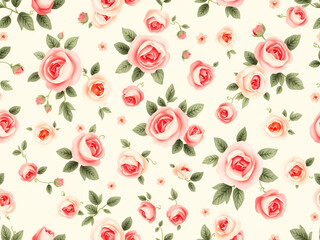 Fototapeta premium Seamless Beautiful Watercolor Roses on a Cream Background