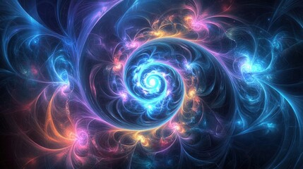 Abstract Fractal Art with Glowing Spiral and Swirling Colorful Lights