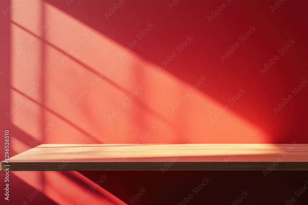 Aufkleber Empty wooden tabletop on a red wall with window light creating shadows