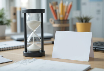 Desk with a sand timer, a white card, and a basket of pens.