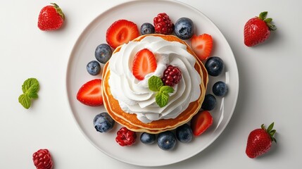 A top-down view of a plate of pancakes with whipped cream and berry compote, modern composition with negative space.