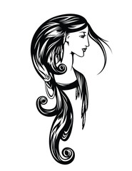 beautiful shaman woman with long hair decorated with feathers - tribal style forest goddess black and white vector portrait