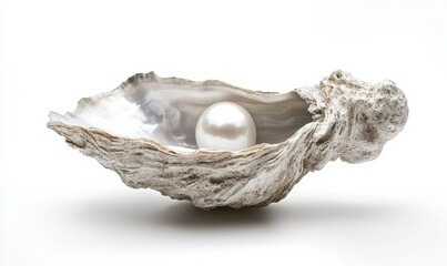 A detailed image of a pearl inside an open oyster shell set against a white background, symbolizing natural grace and extravagance. Perfect for jewelry, oceanic, and treasure-centric themes