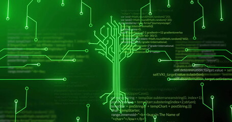 Image of green motherboard and tree network over processing data on dark background