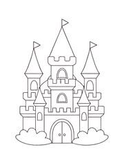 Fairy Tale Castle with Towering Spires – Fantasy Adult Coloring Page on White Background