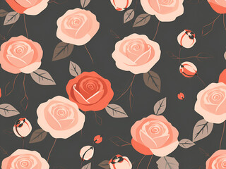 Seamless Beautiful Pink Watercolor Roses and Leaves on a Gray Background