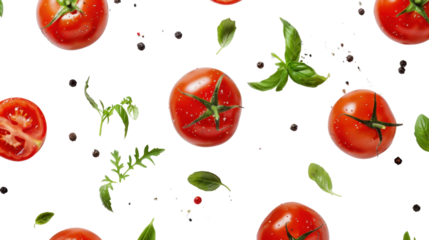 Ripe red tomatoes, basil leaves and black peppercorns falling on transparent background