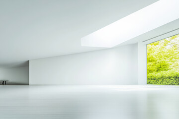 Fototapeta premium Modern minimalist interior with natural light and greenery visible through large window