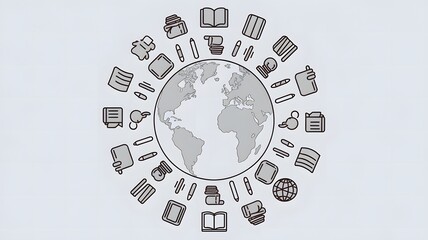 A globe surrounded by icons representing various educational tools, such as books, pens, and digital devices.