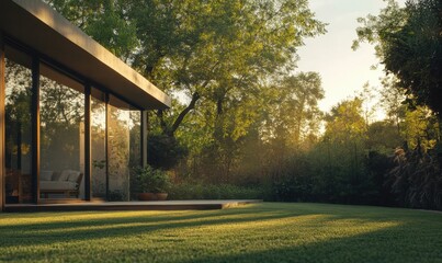 Obraz premium A modern suburban house with a manicured front lawn and large windows reflecting the surrounding trees, bathed in soft morning light
