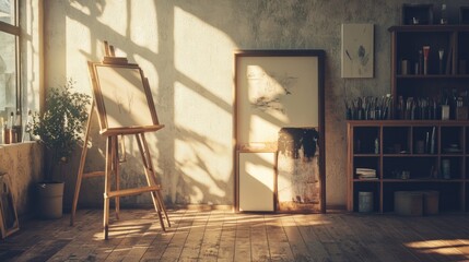 Sunlit Artist's Studio: Wooden Easel, Paintings, and Art Supplies