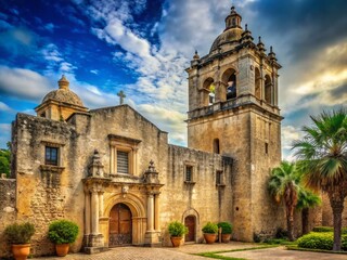 Fototapeta premium Historic Spanish Mission San Jose, San Antonio, Texas - Architectural Detail & Landscape