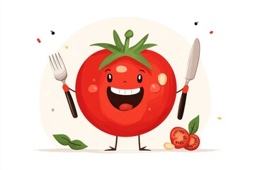 A flat 2D illustration of a smiling tomato character holding a tiny fork and knife