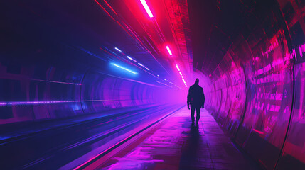 Cyberpunk subway station: solitary figure in neon-lit tunnel. Neon Graffiti Cyberpunk Tunnel. Illustration