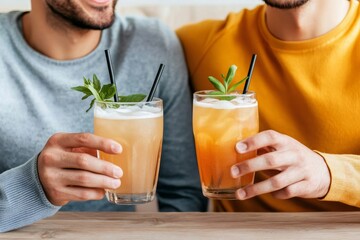 Fototapeta premium Two friends holding cocktails, enjoying leisure time together at a bar