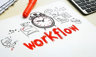 workflow diagram with clock and red marker on whiteboard