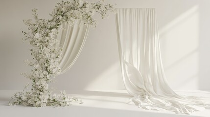 Soft, light-toned wedding backdrop with white floral arches and drapery, perfect for using as a clean, minimal design element.