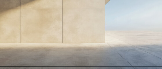 Minimalist architectural space showcasing natural light and shadows at dawn