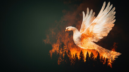 Obraz premium A majestic bird soars above a fiery forest, symbolizing resilience and hope amidst destruction.