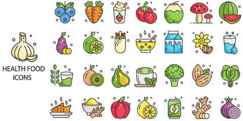 Healthy Food simple concept 28 colour icons set. Contains such Vegetables, fruits, milk, mushrooms  .Vector illustration.