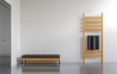 Fototapeta premium Modern minimalist interior featuring a bench and a wooden ladder rack in a bright space